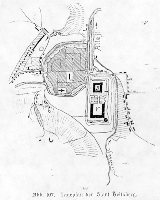 Zeichnung: Lageplan der Stadt im Mittelalter mit Andeutung der Höhenunterschiede/Stadtgräben